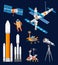 Vector cartoon space exploration set. Space rockets, astronomic