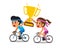 Vector cartoon sport couple riding bikes and holding big gold trophy cup award
