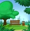 Vector cartoon spring town park with bench tree trash can in beautiful and city scape background