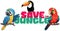 Vector cartoon sticker with macaw parrots and toco toucan