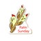 Vector cartoon sticker for religious holiday Palm Sunday isolated on white. Blooming willow twig chickens. Black outline text
