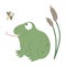 Vector cartoon style flat funny frog with reeds and mosquito isolated on white background. Cute illustration of woodland swamp