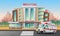 Vector cartoon style illustration of hospital building with ambulance car in front of it with behind city view