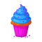 Vector cartoon style illustration of sweet cupcake. Delicious sweet dessert decorated with blue creme and sprinkles.
