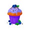 Vector cartoon style illustration of sweet cupcake. Delicious sweet dessert decorated with creme, chocolate and blueberry. Muffin