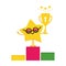 Vector cartoon style star character celebrating first place winning, standing on pedestal and holding challenge cup