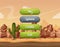 Vector cartoon style wavy enabled and disabled buttons with text for game design on orange rocks, sky and cactus desert