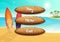 Vector cartoon style wooden buttons with text for game design on surfboards on the beach background