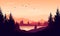 Vector cartoon sunset landscape with orange sky, silhouettes of