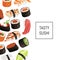 Vector cartoon sushi types background with place for text