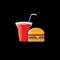 Vector cartoon tasty burger and cola paper cup with straw isolated on black background.