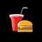 Vector cartoon tasty burger and cola paper cup with straw isolated on black background.