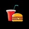 Vector cartoon tasty burger and cola paper cup with straw isolated on black background.