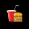 Vector cartoon tasty burger and cola paper cup with straw isolated on black background.