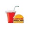 Vector cartoon tasty burger and cola paper cup with straw isolated on orange background.