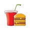 Vector cartoon tasty burger and cola paper cup with straw isolated on orange background.