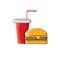 Vector cartoon tasty burger and cola paper cup with straw isolated on orange background.