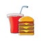 Vector cartoon tasty burger and cola paper cup with straw on orange background.