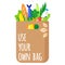Vector cartoon textile reusable grocery burlap bag with eco quot