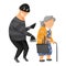 Vector cartoon thief in a mask steals a credit card from an old lady. The concept of financial fraud and deception, pickpocketing