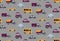 Vector cartoon transportation background for children. Seamless pattern with toy cars, bus