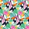 Vector cartoon tropical seamless pattern with toucan, jungle flo