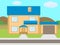 Vector cartoon two-story house garage green lawn