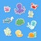 Vector cartoon underwater creatures and seaweed sticker set illustration