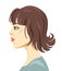 Vector cartoon woman`s portrait with fringe and brown hair