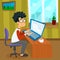 Vector cartoon young programmer man is working with laptop. EPS10 illustration of student studying process or search of