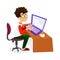 Vector cartoon young programmer man is working with laptop. EPS10 illustration of student studying process or search of