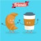 Vector cartoons of comic characters coffee and croissant. Friends forever. Breakfast