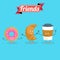 Vector cartoons of comic characters coffee, donut and croissant. Friends forever. Breakfast