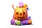 vector carving pumpkin basket with candies. colorful candies in the pumpkin. smiling jack o lantern with sweet candies