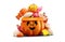 vector carving pumpkin basket with candies. colorful candies in the pumpkin. smiling jack o lantern with sweet candies