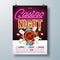 Vector Casino night flyer illustration with gambling design elements and shiny neon light lettering on brick wall