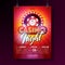 Vector Casino night flyer illustration with gambling design elements and shiny neon light lettering on red background