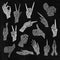 Vector chalkboard illustrations set of universal gestures of hands. Hands in different interpretations. White chalk