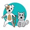 Vector character dog and cat hurt, leg broken on white background.