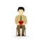 Vector cheeky asian man in business suit posing. Sitting and holding box.