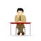 Vector cheeky asian man in sweater and shirt posing. Sitting at table.