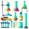 Vector chemical equipment for experiment. Chemistry laboratory. Flask, vial, test-tube, scales, retorts with substance.