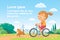 Vector child rides bicycle in natural summer landscape