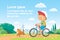 Vector child rides bicycle in natural summer landscape