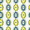 Vector childlike drawing of flowers seamless pattern background. Simple vertical rows of yellow, cobalt blue painterly