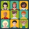 Vector children avatars. Set of different nationality kids faces in flat style. Girls and boys portraits app icons.