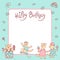 Vector children greeting card in pastel colors. Happy birthday. Girl with ice cream, kitten boy with fruit and sweet