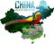 vector china map with Golden pheasant and great wall