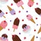 Vector chocolate and berries ice cream semless pattern. Cartoon colorful illustration isolated on white background