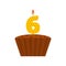 Vector chocolate biscuit birthday cake with a candle number 6 in